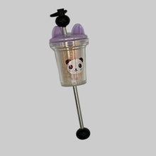 Load image into Gallery viewer, Handmade silver Luxe Pillar purse charm featuring a sliding panda-themed drink cup focal with moving shaker beads inside, unique tactile fidget planner accessory from Bougie Girl Boutique.