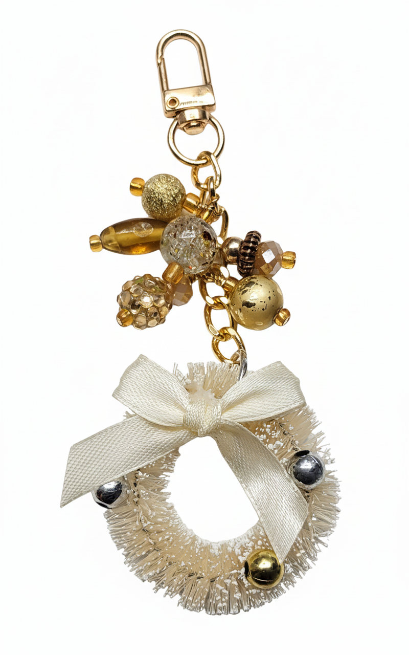 Frosty Cabin Wreath purse charm by Bougie Girl Boutique, featuring a creamy white brush-style wreath with a bow, accented by gold and silver baubles and a cluster of warm golden-toned beads.