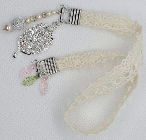 Fall Leaves Lace Ribbon Bookmark - White